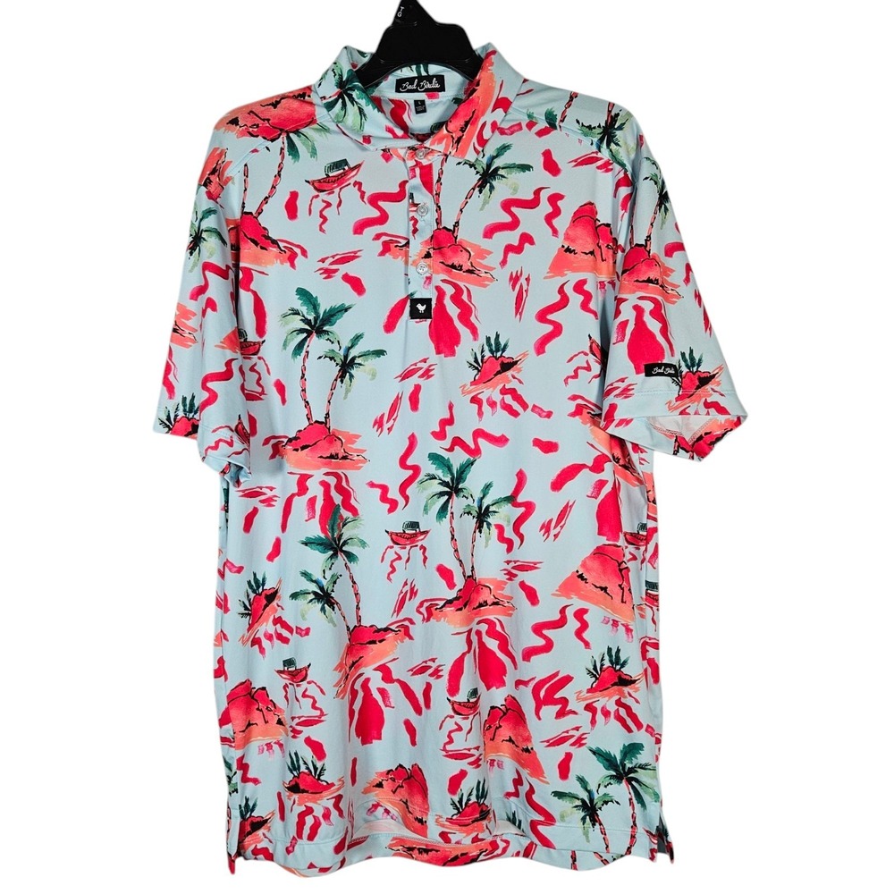 Bad Birdie Polo Shirt Men's L Blue Red Rocks‎ Performance Golf Stretch Tropical